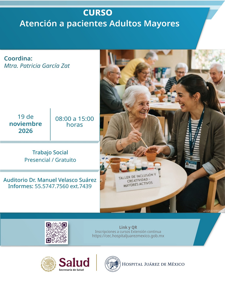 Banner completo del evento académico Curso Atención a Pacientes Adultos Mayores