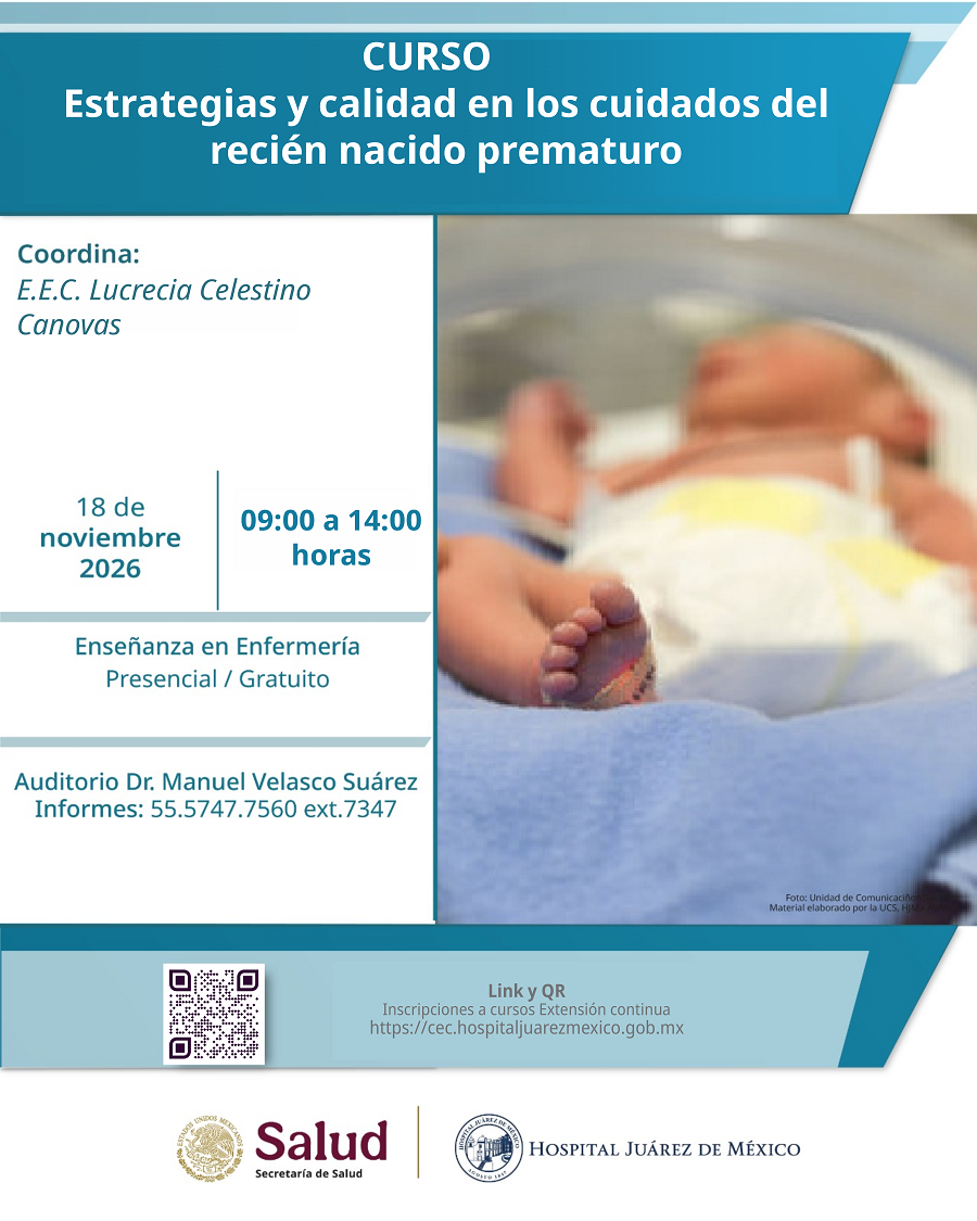 Banner completo del evento académico Curso Estrategias y Calidad en los cuidados del recién nacido prematuro